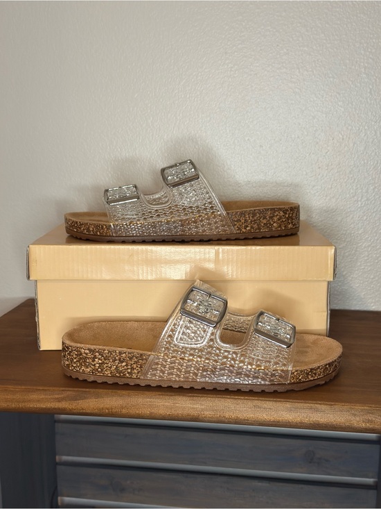 Soda Shoes - Clear Double-Buckle Cork Slide Sandals with Silver Buckles